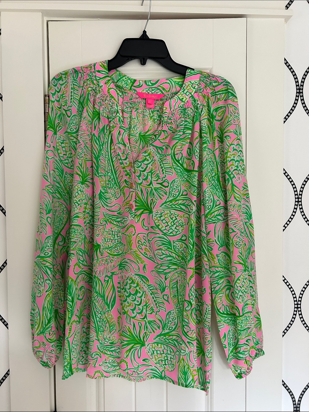 Lilly Pulitzer Pink & Green Tropical Print Long-Sleeve Blouse